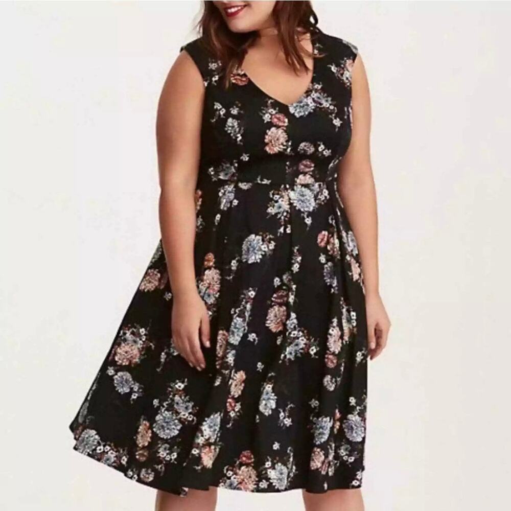 Torrid Black Floral Sleeveless Fit&Flare Party Dress Sz.18W NWT